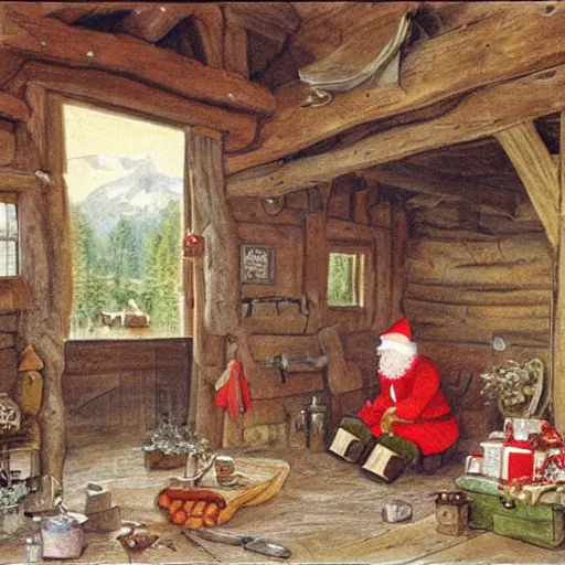 Prompt: Santa inside a rustic barn, in the style of Carl larsson