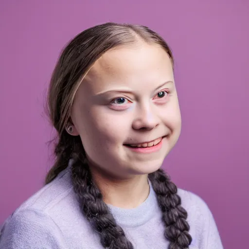 Prompt: Greta Thunberg smiling, photoshoot, 30mm, Taken with a Pentax1000, studio lighting