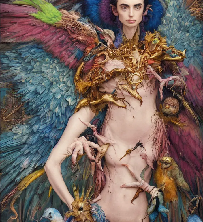 Prompt: a portrait photograph of a meditating fierce krysten ritter as a colorful harpy bird super hero with mutated sclaed skin. she has many skin grafts and cyborg body modifications. by donato giancola, hans holbein, walton ford, gaston bussiere, peter mohrbacher and brian froud. 8 k, cgsociety