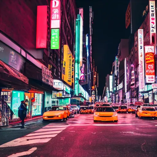 Image similar to color night shot of new york city street scene but it looks like tokyo japan, photorealistic,8k, XF IQ4, 150MP, 50mm, F1.4, ISO 200, 1/160s, natural light