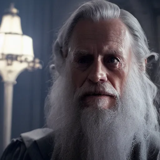 Image similar to william dafoe as dumbledore, film still, cinematic lighting