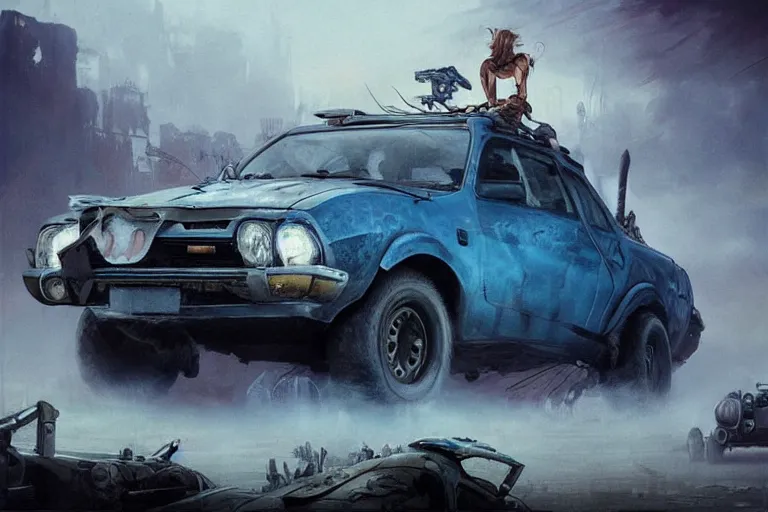 Image similar to a Dacia 1310, in Mad Max style, coriolios rpg art style, full of details, dark sci-fi, cold blue colors, matte painting, artstation, 8k, hyperrealistic, style of peter mohrbacher