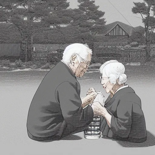 Prompt: very elderly couple tenderly feeding each other eating crayons tenderly feeding each other crayons, in the style of kawase hasui james jean, artstation trending, 8 k, 3 d render, photorealistic, volumetric lighting caustics, black and white, detailed af