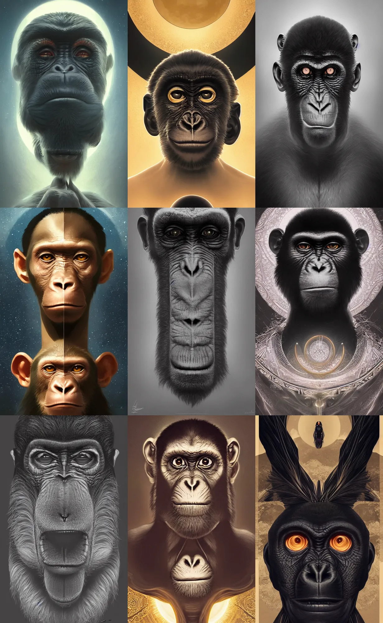 Prompt: symmetry!! ultra realistic portrait of monkey! black monolith and moon in background, intricate, elegant, highly detailed, digital painting, artstation, concept art, smooth, sharp focus, illustration, art by artgerm and ross tran and greg rutkowski and alphonse mucha, 8 k