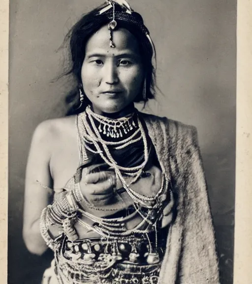 Image similar to vintage_portrait_photo_of_a_beautiful_nepalese_maiden with jewellery in the himalayan mountains