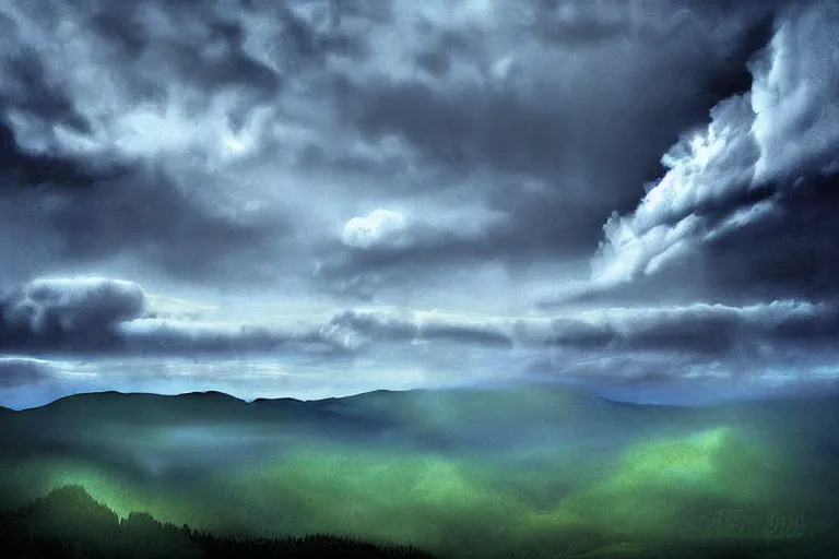 Prompt: a menthol void cloud descending on the valley, digital art