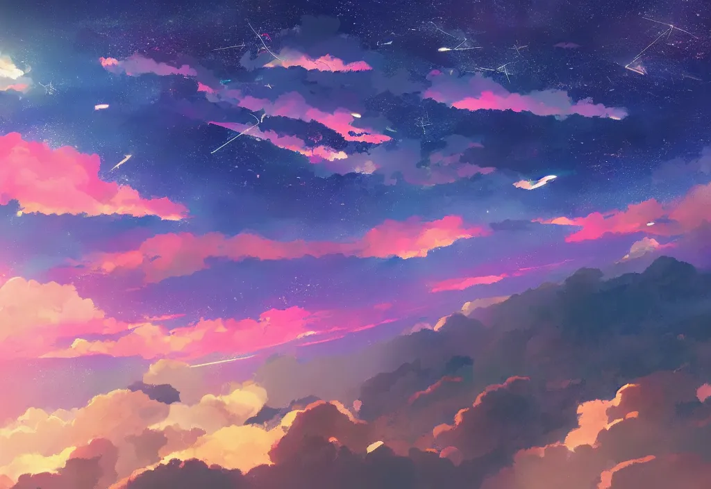 Image similar to breathtaking digital painting of the sky of kimi no na wa, by celestialfang, ghibli, pastel colors and shooting star in northern light love, lovers under skies