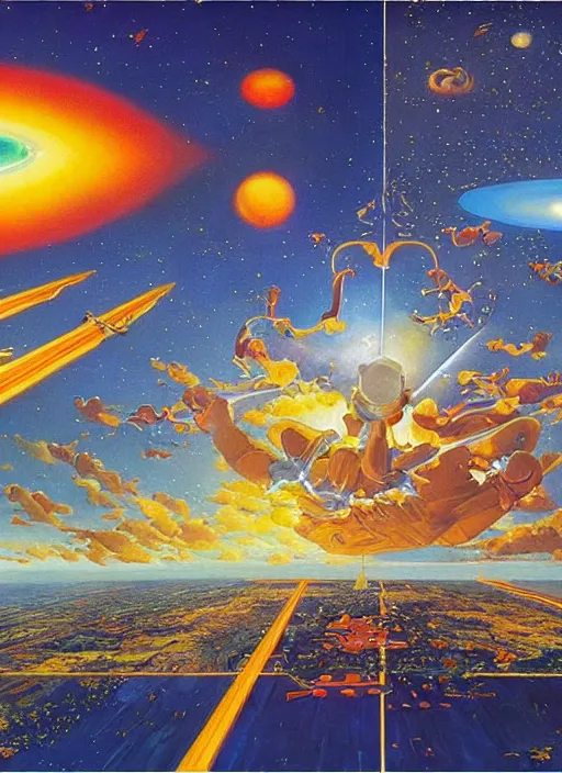 Image similar to a visual depiction of astral projection, large scale painting by robert mccall and vladimir kush