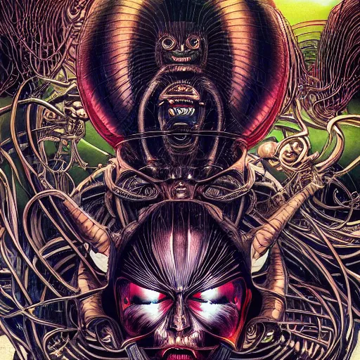 Image similar to portrait of crazy alien, symmetrical, by yoichi hatakenaka, masamune shirow, josan gonzales and dan mumford, ayami kojima, takato yamamoto, barclay shaw, karol bak, yukito kishiro