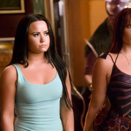 Image similar to Demi Lovato as Piper Halliwell and Selena Gomez as Phoebe Halliwell and Ariana Grande as Prue Halliwell in a Charmed movie directed by Christopher Nolan, movie still frame, promotional image, imax 35 mm footage