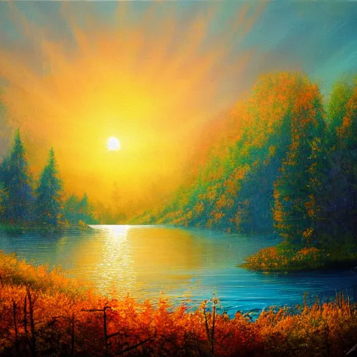 Prompt: High quality fantasylike painting of sun setting over the lake in autumn surrounded by nature