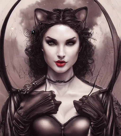 Prompt: beautiful catwoman, beautiful gorgeous, photo realistic, 8 k, epic, ultra detailed, by gustave dore, by marco turini, by artgerm, deviantart in the style of tom bagshaw, cedric peyravernay, peter mohrbacher by william - adolphe bouguereau, by frank frazetta, symetrical features, joyful