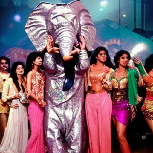 Image similar to 1 9 8 0 s bollywood movie, an elephant wearing a silver latex suit and an iridescent metal helmet surrounded by women dancing in colorful flowing intricate dresses on a tropical alien planet