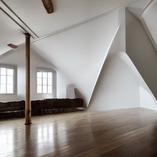 Prompt: a little room with the high ceiling, hollowed in the form of a pyramid out of two separate storeys, and partly walled with mahogany. ( ( ( ( ( studio lighting ) ) ) ) )
