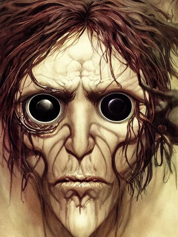 Prompt: one-eyed unbrushed cyclops concept art with one huge eye in the center and with smooth skin in place of the nose. Extremely high detail, details, realistic, fantasy art, solo, masterpiece, portrait painting, saturated colors, art by Arthur Rackham, Dariusz Zawadzki, Muzinabu