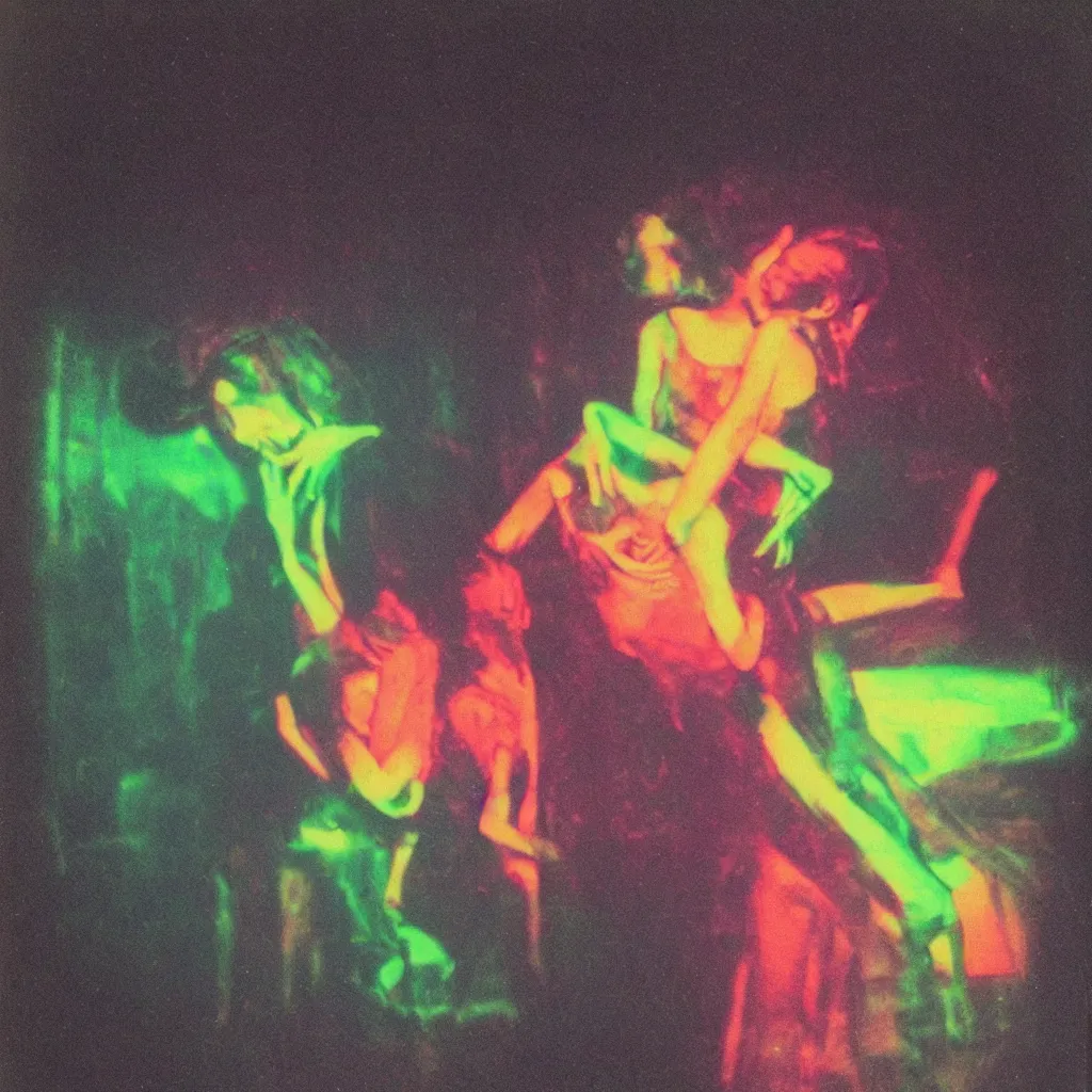 Prompt: a glitched slightly distorted polaroid full body portrait of a man and woman embracing in a dark foggy neon nightclub in the style of karelchladek