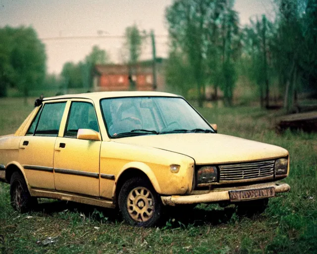 Image similar to a lomographic photo of old lada 2 1 0 7 standing in typical soviet yard in small town, hrushevka on background, cinestill, bokeh