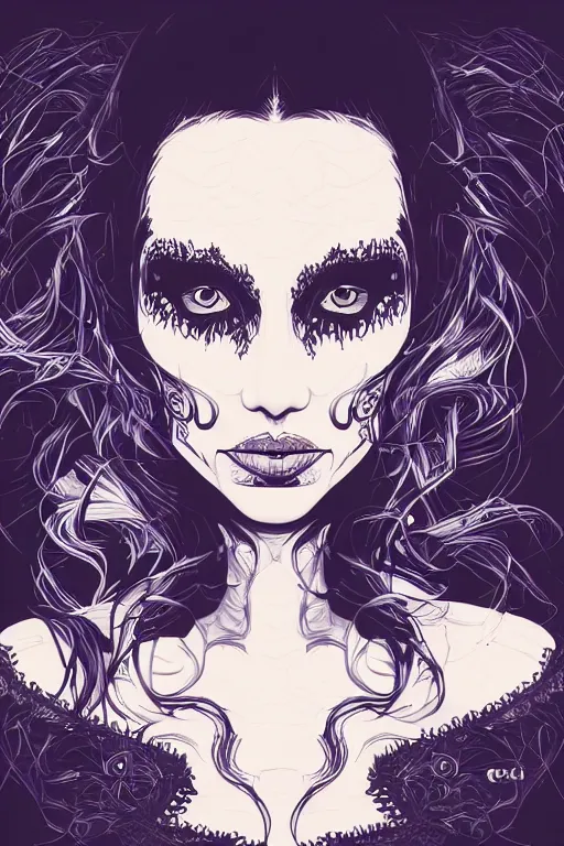 Image similar to close up portrait of a dark witch in front of the full big moon, vector graphic, clear lines, intricate, portrait, 8k highly professionally detailed, HDR, CGsociety