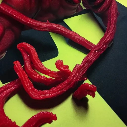 Image similar to realistic full size hellboy made out of whole twizzlers, render