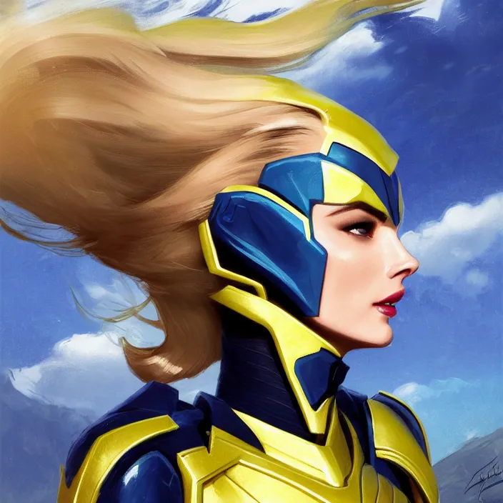 Image similar to A combination of Adriana Dxim's and Grace Kelly's and Ashley Greene's appearances with blonde hair wearing Interceptor's armor from Anthem, countryside, calm, fantasy character portrait, dynamic pose, above view, sunny day, thunder clouds in the sky, artwork by Jeremy Lipkin and Giuseppe Dangelico Pino and Michael Garmash and Rob Rey and Greg Manchess and Huang Guangjian, very coherent asymmetrical artwork, sharp edges, perfect face, simple form, 100mm