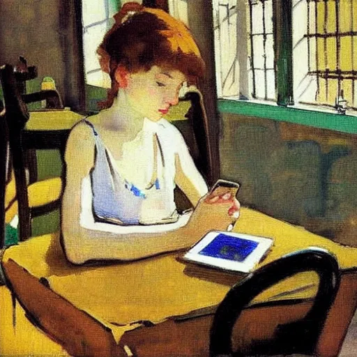 Image similar to a girl with iphones on a table sits at a table in a sunny room, the window is open, by valentin serov