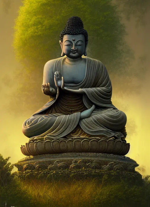 Prompt: overgrown buddha statue, serene, in the style of tomasz alen kopera and fenghua zhong and peter mohrbacher, mystical colors, rim light, beautiful lighting, 8 k, stunning scene, raytracing, octane, trending on artstation