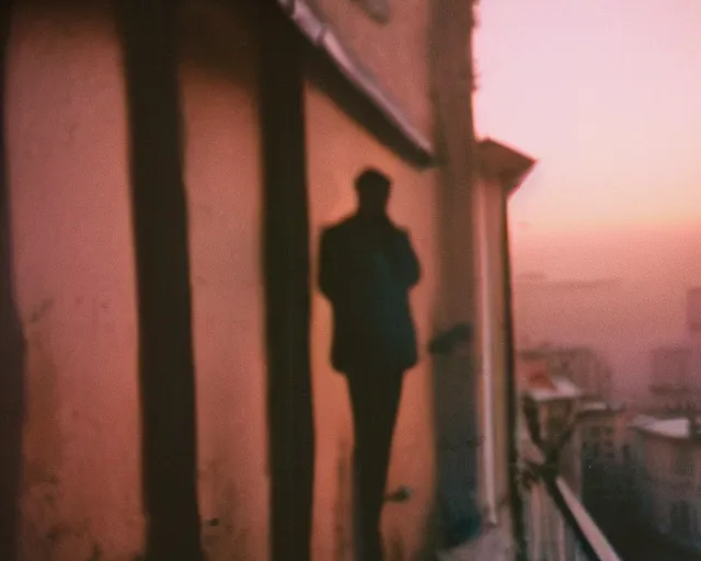 Image similar to lomo photo of pair standing on small hrushevka balcony full with cigarette smoke in small russian town at sunset, cinestill, bokeh