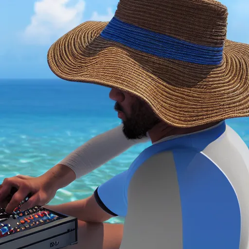 Image similar to man in a blue bucket hat playing a midi controller launchpad ableton live from a beautiful island in the tropics, photo realistic, 4 k render, cinema 4 d, maya, zbrush, portrait,