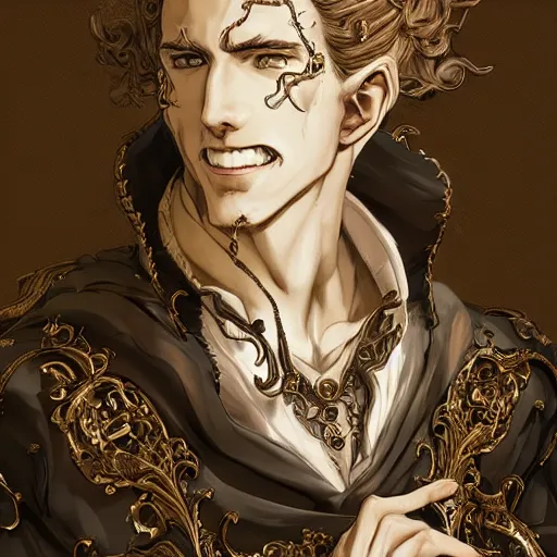 Prompt: a man grinning, baroque style, elegant, beautiful, mesmerizing, concept art, fancy clothing, highly detailed, artstation, behance, deviantart, inspired by innocent manga, inspired by castlevania concept art, trending, ayami kojima, shinichi sakamoto