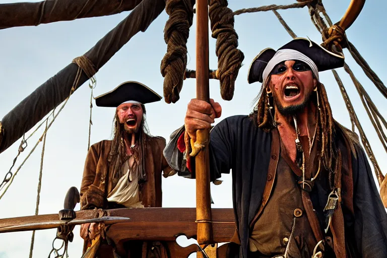 Prompt: closeup old pirate yelling holding wielding cutlass on an old pirate ship, by emmanuel lubezki