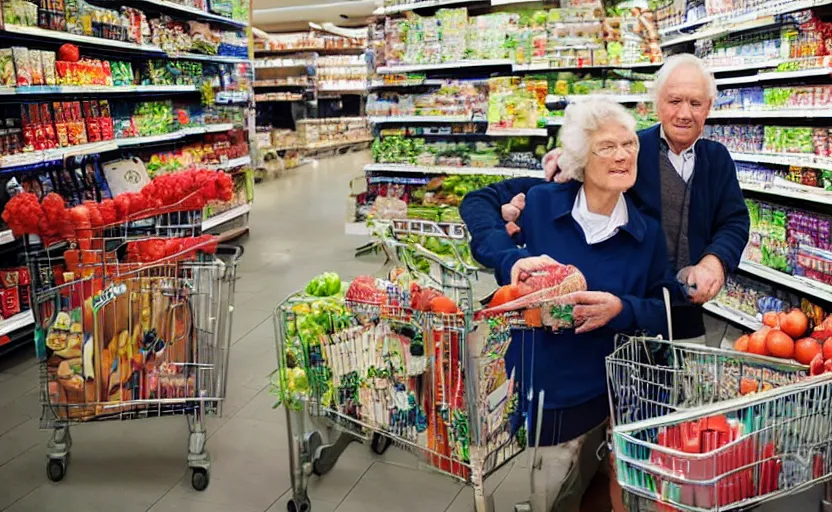 Prompt: old norwegian couple in a grocery shop, scanning items with smartphone, hold up smartphone, smartphone displays qr code, shopping carts full of groceries, close - up, extremely detailed photo, great composition, advertisement photo by jonas bendiksen