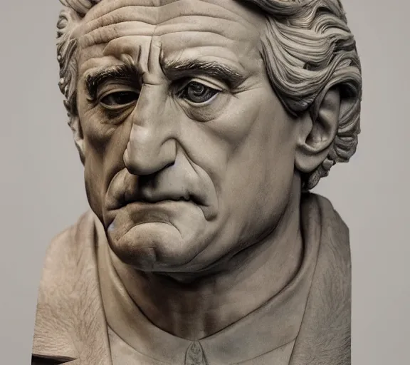 Prompt: a hyper-detailed marble status of Robert DeNiro by Michelangelo; anatomically correct; proud posture; trending on artstation; f/1.4; 90mm