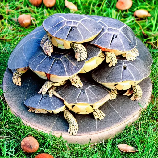 Image similar to a stack of turtles beneath a round disc map, turtle pile