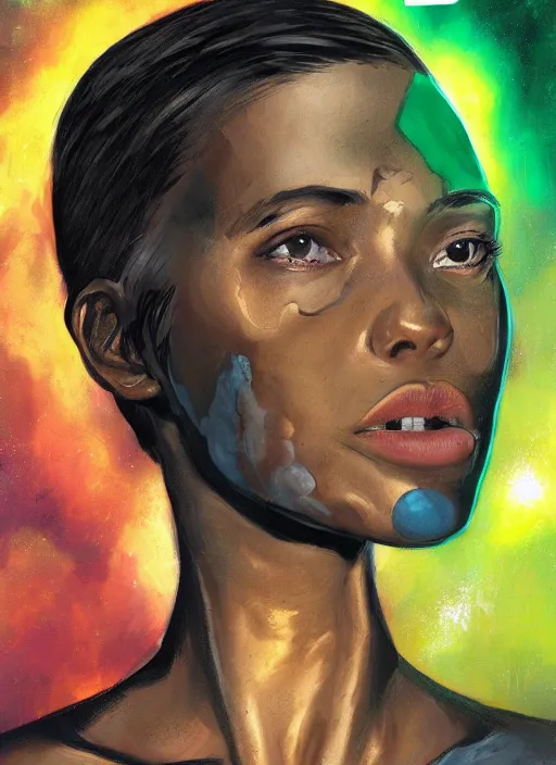 Prompt: An sci-fi comic book style portrait painting of a short, dark-skinned, slender soldier girl wearing a gold and green shirt with short auburn hair that comes almost to her shoulders with brown eyes that look almost black with flecks of gold in them. The girl has a medium-sized scar on the upper right side of her head, unreal 5, DAZ, hyperrealistic, octane render, cosplay, RPG portrait, dynamic lighting