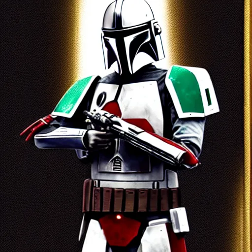 Image similar to Levi Ackerman wearing Mandalorian armor, holding his helmet. The armor is gray, red, gold, green, and white