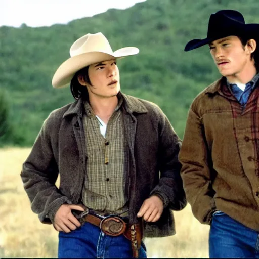 Image similar to a romantic scene from brokeback mountain starring josh hartnett as ennis del mar and heath ledger as jack twist