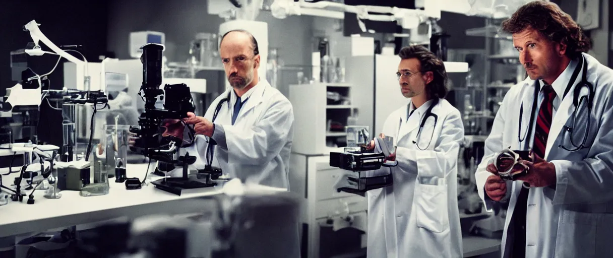 Prompt: filmic dutch angle movie still 4 k uhd 3 5 mm film color photograph of a shocked but intrigued doctor looking down at a dangerous re - animated specimen in a lab
