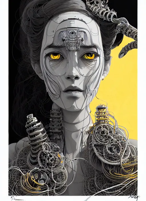 Image similar to highly detailed portrait of a biomechanical long curly white hair tribal lady, stray wiring by atey ghailan, james gilleard, by joe fenton, by greg rutkowski, by greg tocchini, by kaethe butcher, 4 k resolution, gradient yellow, black and white color scheme!!! ( ( robotic honeycomb sandy desert brick pyramid background ) )