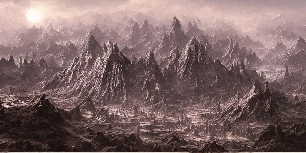 Image similar to “matte painting, helms deep, view from above, Bruce Pennington”