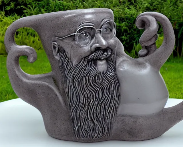 Prompt: mr robert is drinking fresh tea in a garden from spiral mug, detailed face, wearing glasses, grey beard, 5 1 2 k