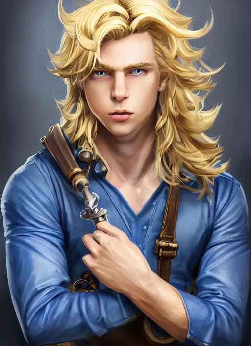 Prompt: a highly detailed illustration of long wavy bright blonde haired young effeminate boy wearing blue blacksmith apron and iron mechanical arms, blue eyes, dramatic smiling pose, intricate, elegant, highly detailed, centered, digital painting, artstation, concept art, smooth, sharp focus, league of legends concept art, wlop