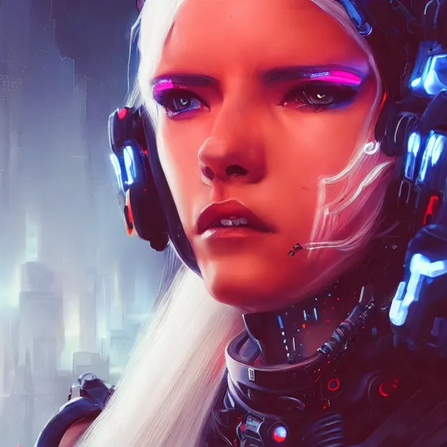 Image similar to A beautiful painting of a cyberpunk space jocky, girl with white hair fire red eyes sensual stare, Trending on artstation. augmentations and cybernetic enhancements neon circuits, greg rutkowski , hyperrealist, cinema4D, 8k highly detailed ❤️‍🔥 🔥 💀 🤖 🚀