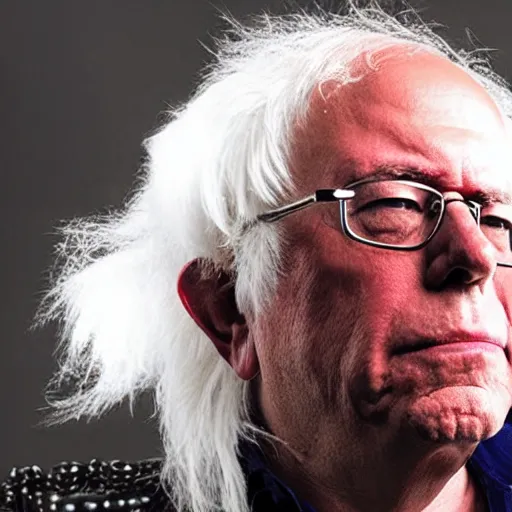 Image similar to Bernie Sanders as a glam rock god, studio photograph for his new hair metal album