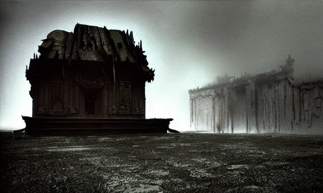 Image similar to a outside temple full of dark evil idol, deep rich decaying bleeding colors!, landscape photograph taken by giger and beksinski and chaos and midnight sun and death fog