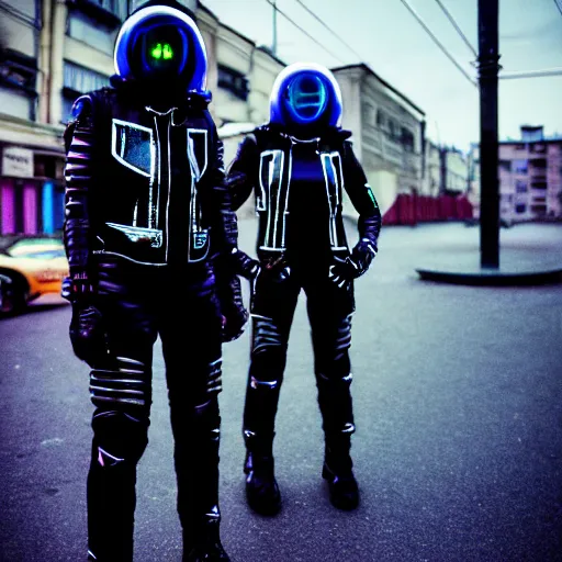 Image similar to street photo of sci-fi cyberpunk bikers, on the Moon, long shadows, in a Russian cyberpunk city called Neo Norilsk, pitch black sky with stunning bright stars, bright sun, high contrast, diverse outfits, lively, freaky, black sky full of stars, LEDs, holograms, blinding bright sun, sci-fi, cyberpunk outfits, photorealistic, grainy, 35mm, intricate, very very beautiful, elegant, smooth, cinematic, Unreal Engine 5, by Beeple