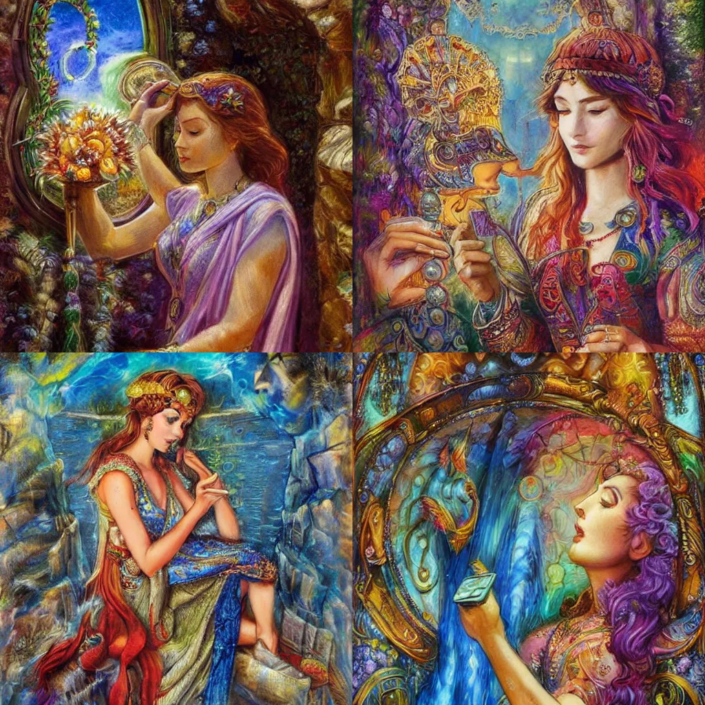 Image similar to goddess checking her phone, by josephine wall, trending on artstation