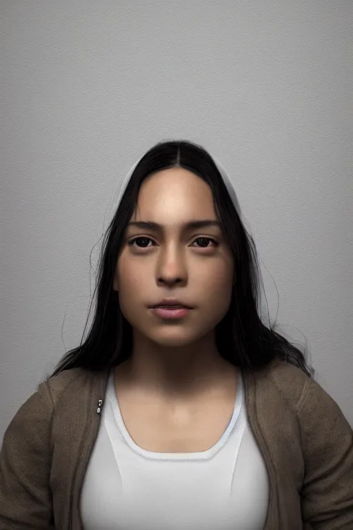 Image similar to Zoe Castillo from videogame Dramfall Chapters and the larguest journey , photorealism, full body, white ambient background, unreal engine 5, hyperrealistic, highly detailed, XF IQ4, 150MP, 50mm, F1.4, ISO 200, 1/160s, natural light, Adobe Lightroom, photolab, Affinity Photo, PhotoDirector 365, realistic