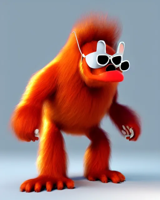 Image similar to 3 d render of completely red hairy friendly antropomorphic creature wearing chrome shades, without nose, small smile, full body, standing on 2 feet, in the style of pixar, white background, unreal engine 5, octane render, highly detailed hdr