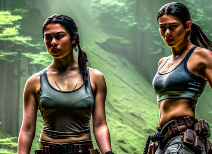 Image similar to film still of!!!! amber midthunder!!! as lara croft in new tomb raider movie, 8 k