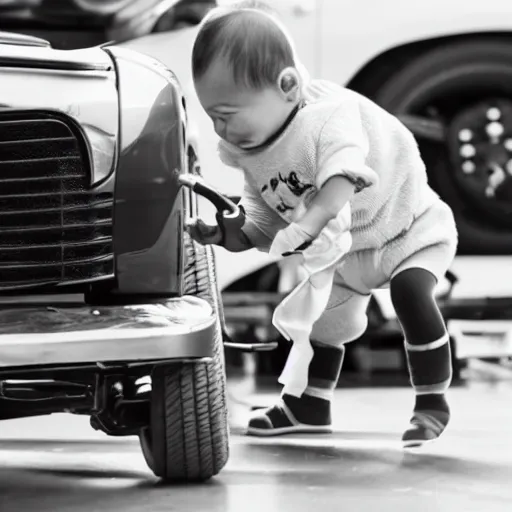 Prompt: a baby lifting a car
